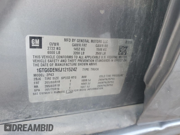 2018 GMC Canyon 4WD SLT with VIN 1GTG6DEN6J1215242, listed as a Copart auction lot 82960224 with 82,710 mi miles and Salvage Title. Bid and sale history available at carsss.com. Image 12.