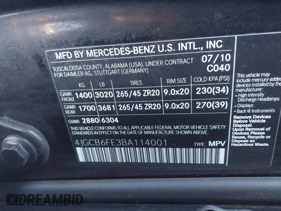 2011 Mercedes-Benz R 350 with VIN 4JGCB6FE3BA114001, listed as a IAAI auction lot 41309561 with 126,819 mi miles and . Bid and sale history available at DreamBid. Image 9.