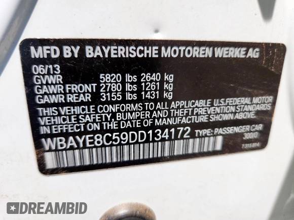 2013 BMW 7 Series 750Li с VIN WBAYE8C59DD134172, выставлен на аукционе Copart как лот 63624785 с пробегом 73 185 миль миль и Списание • Salvage title. История ставок и продаж доступна на DreamBid. Изображение 12.