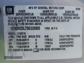 2005 Chevrolet Uplander LS with VIN 1GNDV23L75D226905, listed as a IAAI auction lot 41914411 with 190,294 mi miles and . Bid and sale history available at DreamBid. Image 9.