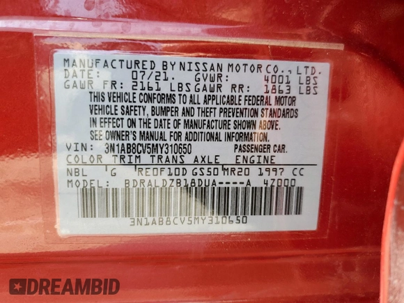 2021 Nissan Sentra SV with VIN 3N1AB8CV5MY310650, listed as a Copart auction lot 60123855 with 68,527 mi miles and Salvage title. Bid and sale history available at DreamBid. Image 13.