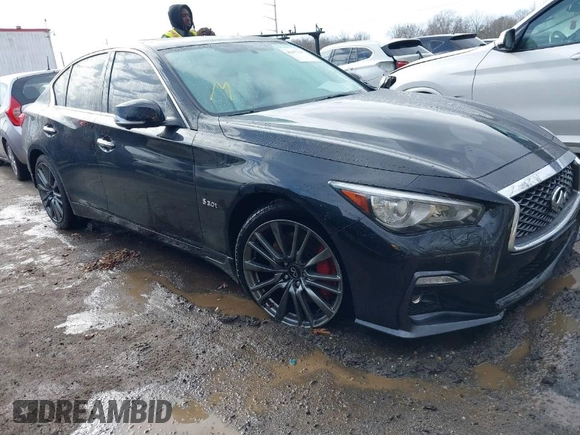 2020 Infiniti Q50 Red Sport 400 with VIN JN1FV7AR3LM660552, listed as a IAAI auction lot 41477949 with 53,392 mi miles and . Bid and sale history available at carsss.com. Image 1.