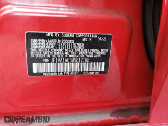 2021 Subaru WRX with VIN JF1VA1A63M9817188, listed as a Copart auction lot 44271285 with 72,526 mi miles and Salvage Title. Bid and sale history available at carsss.com. Image 12.
