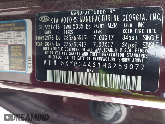 2017 Kia Sorento LX with VIN 5XYPG4A31HG259077, listed as a IAAI auction lot 42199198 with Not Provided miles. Bid and sale history available at carsss.com. Image 9.