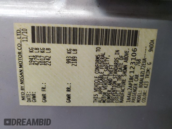 2011 Nissan Altima S with VIN 1N4AL2AP1BC123106, listed as a Copart auction lot 63075465 with 145,446 mi miles and Salvage title. Bid and sale history available at DreamBid. Image 12.