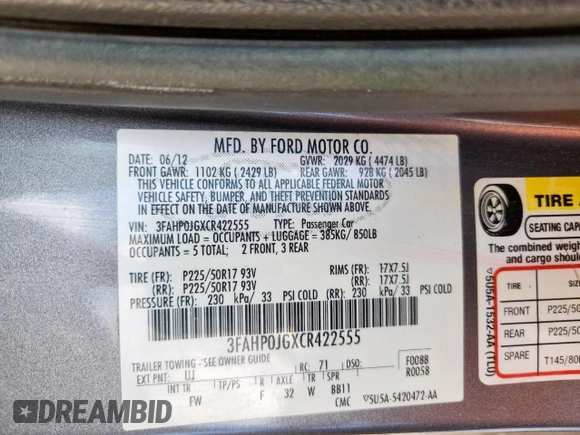 2012 Ford Fusion SEL with VIN 3FAHP0JGXCR422555, listed as a Copart auction lot 61543625 with 105,762 mi miles and Clean title. Bid and sale history available at DreamBid. Image 12.