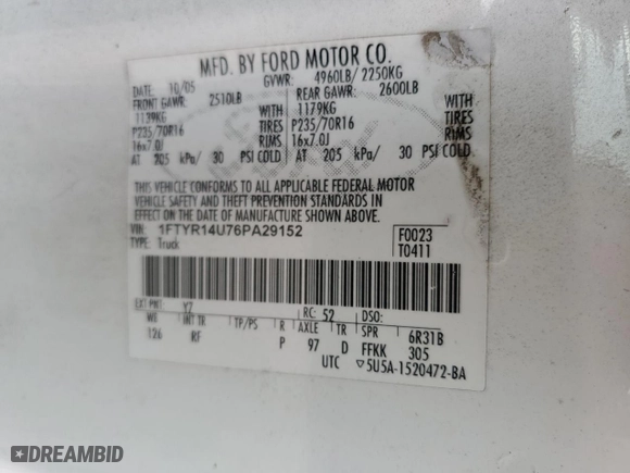 2006 Ford Ranger XL with VIN 1FTYR14U76PA29152, listed as a Copart auction lot 47706265 with 105,746 mi miles and Salvage Title. Bid and sale history available at carsss.com. Image 14.