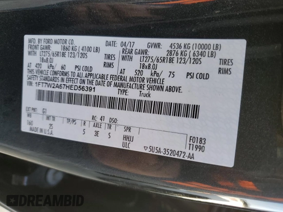 2017 Ford F-250 XL with VIN 1FT7W2A67HED56391, listed as a Copart auction lot 49100395 with 76,050 mi miles and Salvage title. Bid and sale history available at DreamBid. Image 12.
