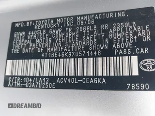 2007 Toyota Camry CE with VIN 4T1BE46K97U571446, listed as a IAAI auction lot 42195858 with 222,159 mi miles and . Bid and sale history available at DreamBid. Image 9.