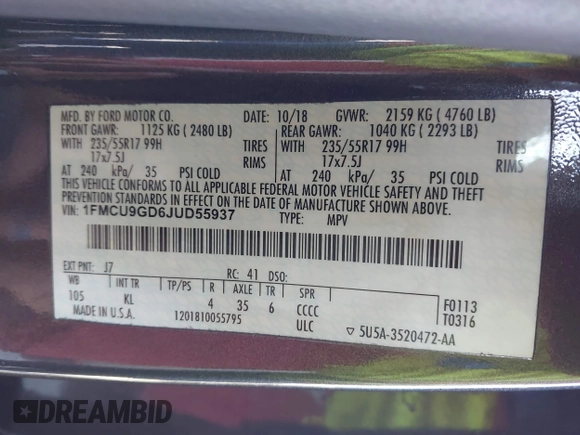 2018 Ford Escape SE z VIN 1FMCU9GD6JUD55937, wystawiony jako IAAI lot #41898592 z przebiegiem 37 800 mil mil oraz . Historia ofert i sprzedaży dostępna na DreamBid. Obrazek 9.