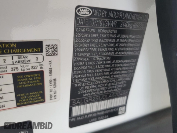 2020 Land Rover Range Rover with VIN SALGR2SU0LA570488, listed as a Copart auction lot 73030624 with 42,616 mi miles and Salvage title. Bid and sale history available at DreamBid. Image 13.