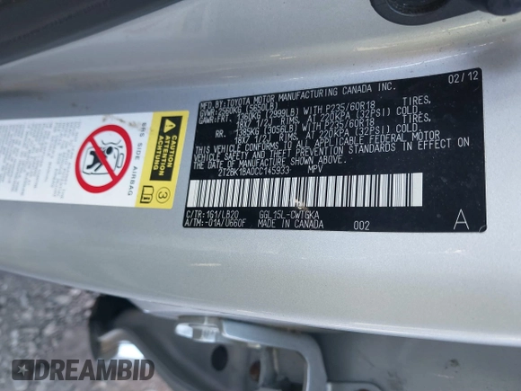 2012 Lexus RX 350 with VIN 2T2BK1BA0CC145933, listed as a IAAI auction lot 40997122 with 999,999 mi miles. Bid and sale history available at carsss.com. Image 9.