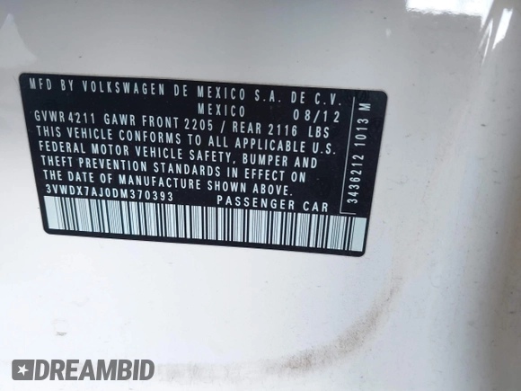 2013 Volkswagen Jetta SE with VIN 3VWDX7AJ0DM370393, listed as a IAAI auction lot 42731730 with 99,249 mi miles and . Bid and sale history available at DreamBid. Image 9.