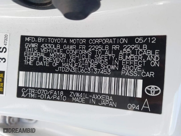 2012 Toyota Prius v Two with VIN JTDZN3EU6C3137453, listed as a IAAI auction lot 41889133 with 169,504 mi miles. Bid and sale history available at carsss.com. Image 9.