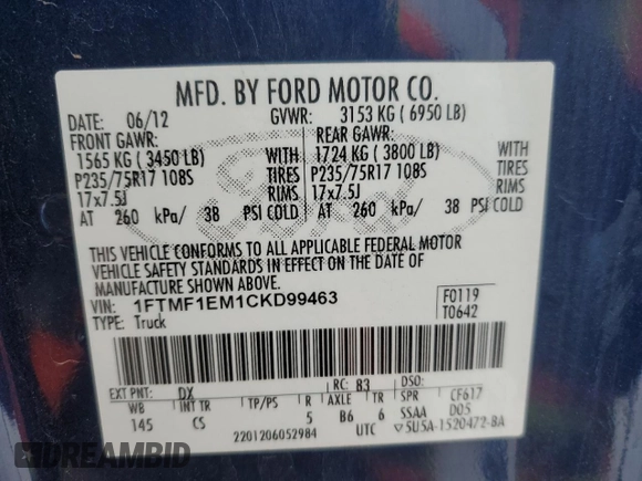 2012 Ford F-150 XL with VIN 1FTMF1EM1CKD99463, listed as a Copart auction lot 83389634 with 73,908 mi miles and Salvage title. Bid and sale history available at DreamBid. Image 12.