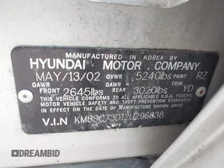 2002 Hyundai Santa Fe GLS with VIN KM8SC73D12U296838, listed as a IAAI auction lot 42117975 with 154,248 mi miles. Bid and sale history available at carsss.com. Image 9.