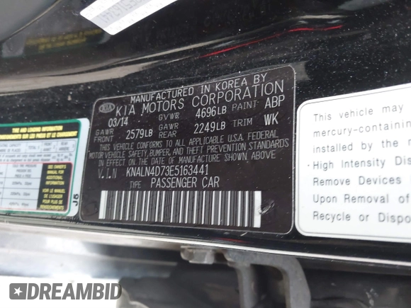 2014 Kia Cadenza Premium with VIN KNALN4D73E5163441, listed as a IAAI auction lot 41392572 with 190,378 mi miles. Bid and sale history available at carsss.com. Image 9.