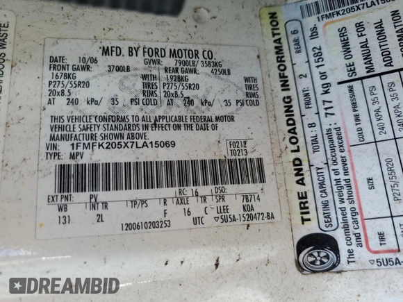 2007 Ford Expedition Max Limited with VIN 1FMFK205X7LA15069, listed as a Copart auction lot 61234255 with 184,803 mi miles and Salvage title. Bid and sale history available at DreamBid. Image 13.