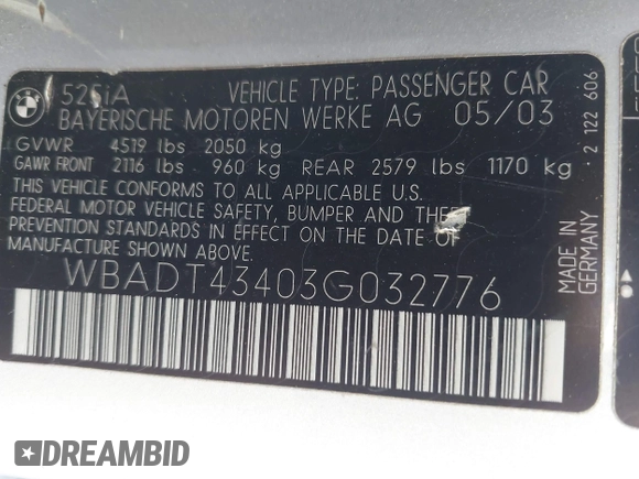 2003 BMW 5 Series 525i z VIN WBADT43403G032776, wystawiony jako IAAI lot #42142615 z przebiegiem Nie podano mil oraz . Historia ofert i sprzedaży dostępna na DreamBid. Obrazek 9.