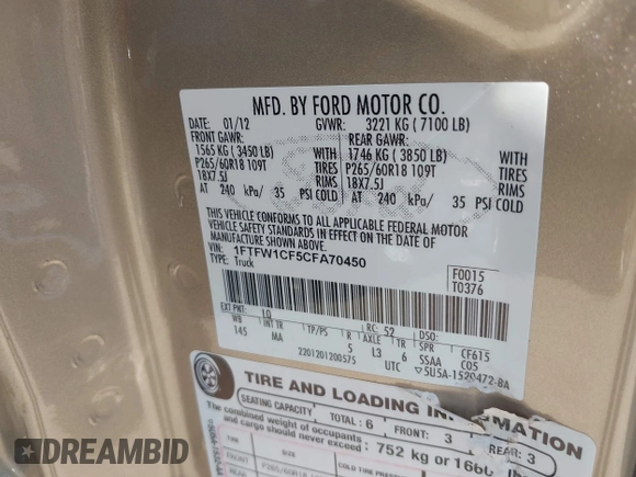 2012 Ford F-150 XL with VIN 1FTFW1CF5CFA70450, listed as a IAAI auction lot 42011336 with 250,384 mi miles. Bid and sale history available at carsss.com. Image 9.