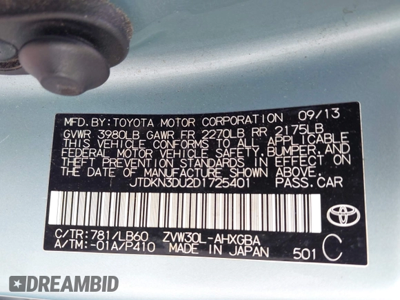 2013 Toyota Prius One with VIN JTDKN3DU2D1725401, listed as a IAAI auction lot 42066366 with 113,761 mi miles. Bid and sale history available at carsss.com. Image 9.