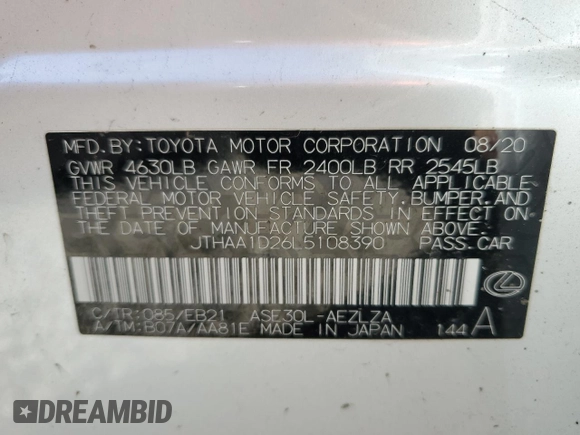 2020 Lexus IS 300 with VIN JTHAA1D26L5108390, listed as a Copart auction lot 59283484 with 33,370 mi miles and Salvage title. Bid and sale history available at DreamBid. Image 13.