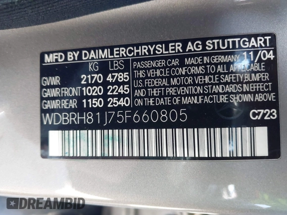 2005 Mercedes-Benz C 240 with VIN WDBRH81J75F660805, listed as a IAAI auction lot 42529404 with 137,565 mi miles and . Bid and sale history available at DreamBid. Image 9.