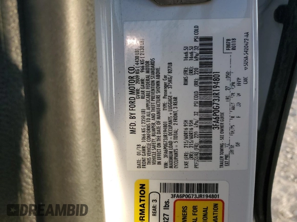2018 Ford Fusion S with VIN 3FA6P0G73JR194801, listed as a Copart auction lot 78253644 with 158,260 mi miles and Clean Title. Bid and sale history available at carsss.com. Image 12.