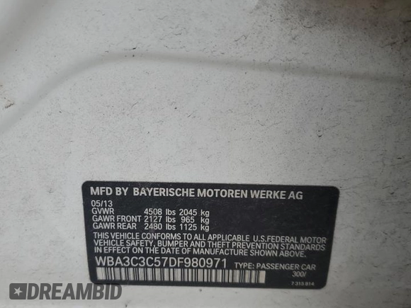 2013 BMW 3 Series 320i xDrive with VIN WBA3C3C57DF980971, listed as a Copart auction lot 57441155 with 131,263 mi miles and Salvage title. Bid and sale history available at DreamBid. Image 13.