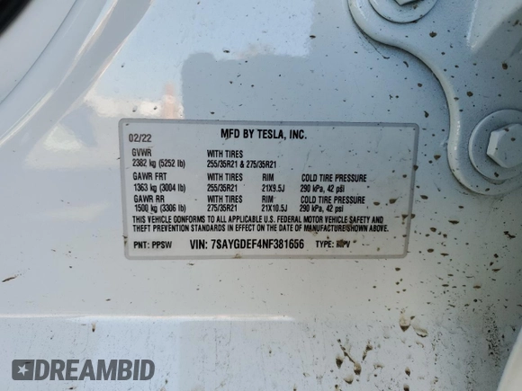 2022 Tesla Model Y Performance с VIN 7SAYGDEF4NF381656, выставлен на аукционе Copart как лот 48758954 с пробегом 18 335 миль миль и Списание • Salvage title. История ставок и продаж доступна на DreamBid. Изображение 12.