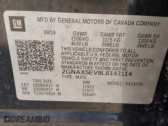 2020 Chevrolet Equinox LS z VIN 2GNAX5EV9L6143114, wystawiony jako IAAI lot #41217119 z przebiegiem Nie podano mil oraz . Historia ofert i sprzedaży dostępna na DreamBid. Obrazek 9.