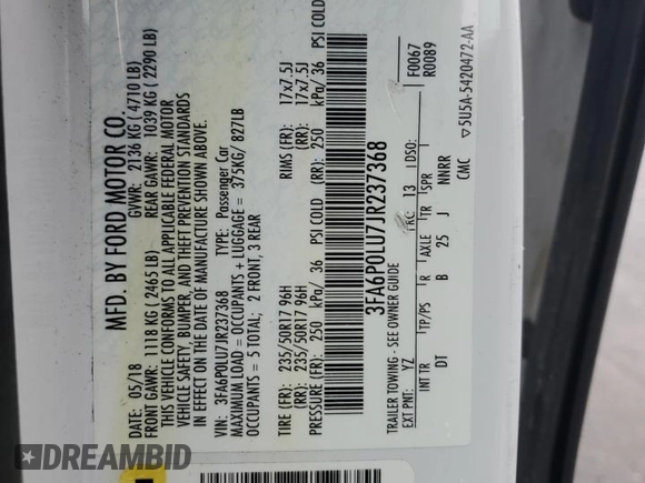 2018 Ford Fusion SE z VIN 3FA6P0LU7JR237368, wystawiony jako Copart lot #56584695 z przebiegiem 78 832 mil mil oraz Szkoda całkowita • Salvage title. Historia ofert i sprzedaży dostępna na DreamBid. Obrazek 13.