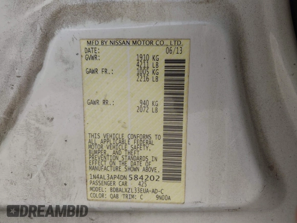 2013 Nissan Altima S with VIN 1N4AL3AP4DN584202, listed as a IAAI auction lot 41904479 with 286,031 mi miles and . Bid and sale history available at DreamBid. Image 9.