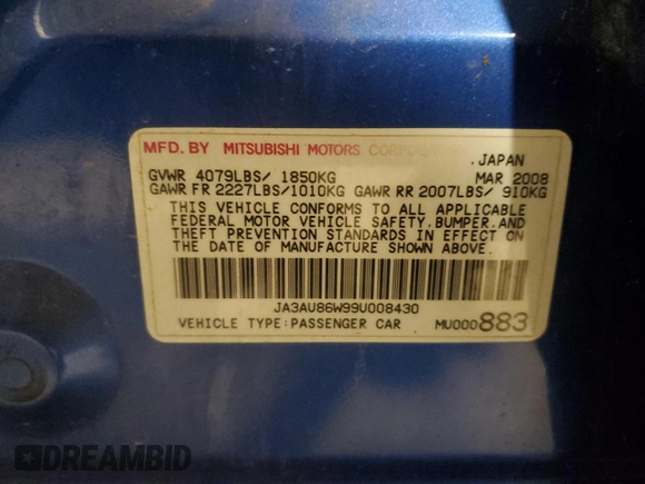 2009 Mitsubishi Lancer GTS with VIN JA3AU86W99U008430, listed as a Copart auction lot 80913634 with 148,787 mi miles and Clean Title. Bid and sale history available at DreamBid. Image 12.