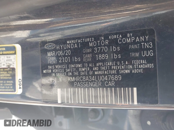 2020 Hyundai Venue SEL with VIN KMHRC8A34LU047689, listed as a IAAI auction lot 41204146 with 78,870 mi miles. Bid and sale history available at carsss.com. Image 9.