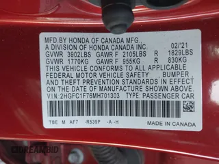 2021 Honda Civic Sedan EX-L with VIN 2HGFC1F76MH701303, listed as a IAAI auction lot 41455021 with 92,347 mi miles. Bid and sale history available at carsss.com. Image 9.