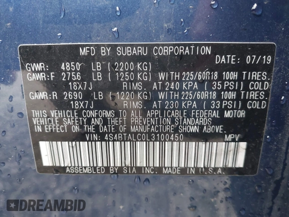 2020 Subaru Outback Limited z VIN 4S4BTALC0L3100450, wystawiony jako IAAI lot #41864188 z przebiegiem Nie podano mil oraz . Historia ofert i sprzedaży dostępna na DreamBid. Obrazek 9.