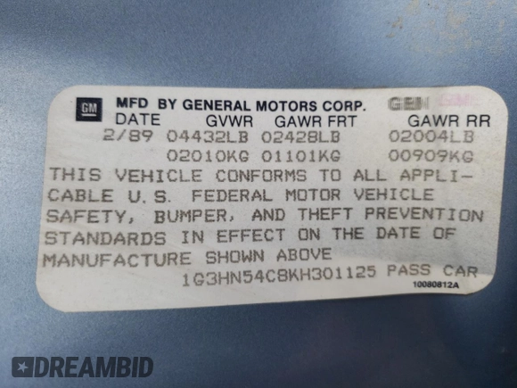 1989 Oldsmobile Delta z VIN 1G3HN54C8KH301125, wystawiony jako Copart lot #70709764 z przebiegiem 87 068 mil mil oraz Tytuł czysty. Historia ofert i sprzedaży dostępna na DreamBid. Obrazek 14.