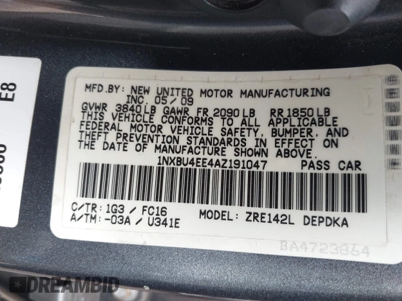 2010 Toyota Corolla with VIN 1NXBU4EE4AZ191047, listed as a IAAI auction lot 42236042 with 252,128 mi miles and . Bid and sale history available at DreamBid. Image 9.