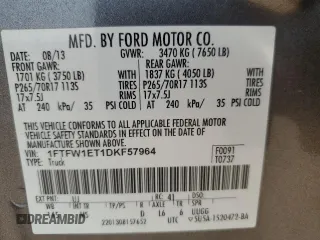 2013 Ford F-150 XL with VIN 1FTFW1ET1DKF57964, listed as a Copart auction lot 58801885 with 176,584 mi miles and Salvage title. Bid and sale history available at DreamBid. Image 12.