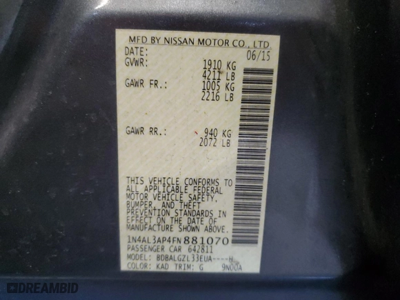 2015 Nissan Altima 2.5 S with VIN 1N4AL3AP4FN881070, listed as a Copart auction lot 45362605 with 230,001 mi miles and Clean Title. Bid and sale history available at carsss.com. Image 12.