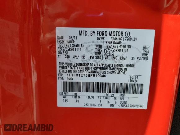 2011 Ford F-150 XL with VIN 1FTFX1ET5BFB10346, listed as a Copart auction lot 52493765 with 123,176 mi miles and Clean title. Bid and sale history available at DreamBid. Image 12.