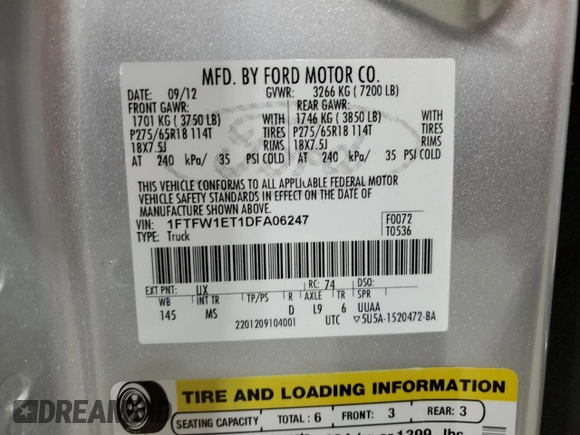 2013 Ford F-150 XL with VIN 1FTFW1ET1DFA06247, listed as a Copart auction lot 46431945 with 87,960 mi miles and Salvage Title. Bid and sale history available at carsss.com. Image 14.