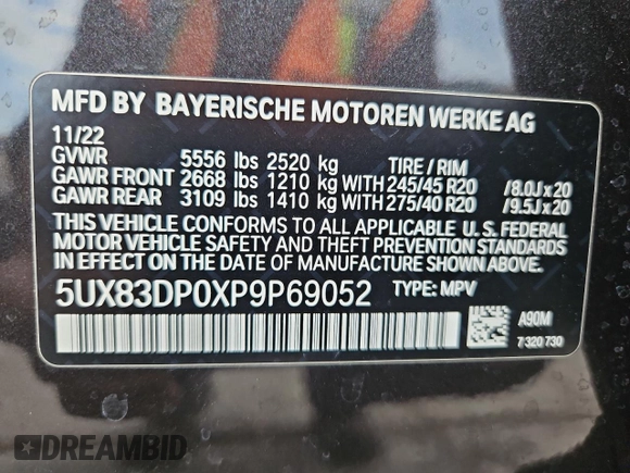 2023 BMW X3 M40i with VIN 5UX83DP0XP9P69052, listed as a Copart auction lot 54243525 with 22,940 mi miles and Salvage Title. Bid and sale history available at DreamBid. Image 16.