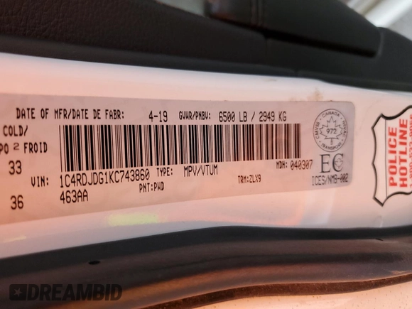 2019 Dodge Durango GT Plus with VIN 1C4RDJDG1KC743860, listed as a Copart auction lot 60695895 with 91,262 mi miles and Salvage title. Bid and sale history available at DreamBid. Image 13.
