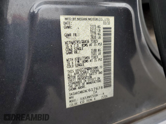2010 Nissan Pathfinder S with VIN 5N1AR1NB2AC617678, listed as a Copart auction lot 60283515 with 150,592 mi miles and Salvage title. Bid and sale history available at DreamBid. Image 13.