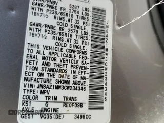 2012 Nissan Murano SL z VIN JN8AZ1MW3CW234346, wystawiony jako Copart lot #58877934 z przebiegiem Nie podano mil oraz Nie do naprawy • Non repairable. Historia ofert i sprzedaży dostępna na DreamBid. Obrazek 13.