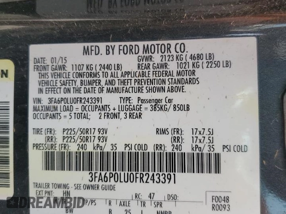 2015 Ford Fusion SE Hybrid with VIN 3FA6P0LU0FR243391, listed as a Copart auction lot 49544025 with Not Provided miles and Salvage Title. Bid and sale history available at DreamBid. Image 12.