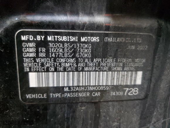 2022 Mitsubishi Mirage ES with VIN ML32AUHJ3NH008597, listed as a Copart auction lot 51968675 with 37,529 mi miles and Salvage Title. Bid and sale history available at carsss.com. Image 13.