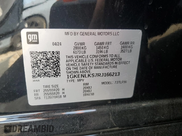 2024 GMC Acadia FWD Denali z VIN 1GKENLKS7RJ166213, wystawiony jako Copart lot #71056014 z przebiegiem 8093 mil mil oraz Szkoda całkowita • Salvage title. Historia ofert i sprzedaży dostępna na DreamBid. Obrazek 14.